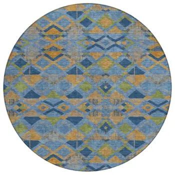 8' Denim Blue Gold And Green Round Geometric Washable Indoor Outdoor Area Rug