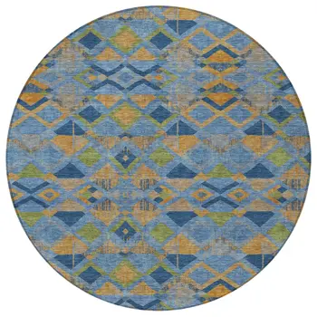 8' Denim Blue Gold And Green Round Geometric Washable Indoor Outdoor Area Rug