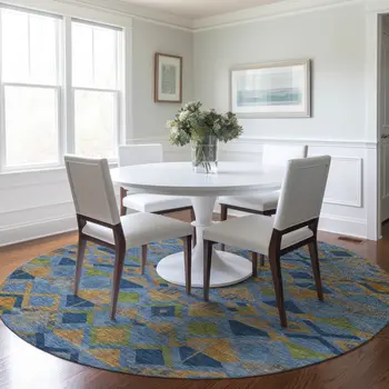 8' Denim Blue Gold And Green Round Geometric Washable Indoor Outdoor Area Rug