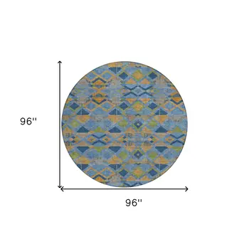 8' Denim Blue Gold And Green Round Geometric Washable Indoor Outdoor Area Rug