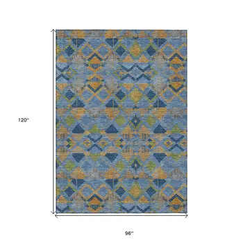 8' X 10' Denim Blue Gold And Green Geometric Washable Indoor Outdoor Area Rug