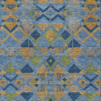 9' X 12' Denim Blue Gold And Green Geometric Washable Indoor Outdoor Area Rug