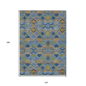 10' X 14' Denim Blue Gold And Green Geometric Washable Indoor Outdoor Area Rug