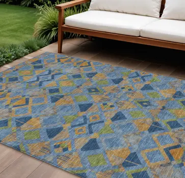 10' X 14' Denim Blue Gold And Green Geometric Washable Indoor Outdoor Area Rug