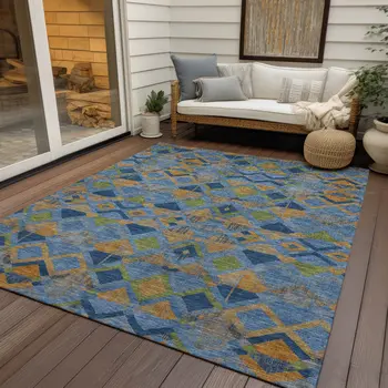 10' X 14' Denim Blue Gold And Green Geometric Washable Indoor Outdoor Area Rug
