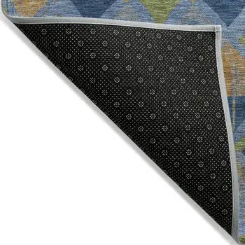 10' X 14' Denim Blue Gold And Green Geometric Washable Indoor Outdoor Area Rug