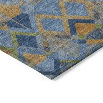 10' X 14' Denim Blue Gold And Green Geometric Washable Indoor Outdoor Area Rug