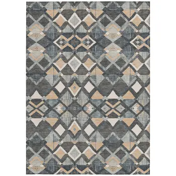 3' X 5' Graphite And Cream Geometric Washable Indoor Outdoor Area Rug