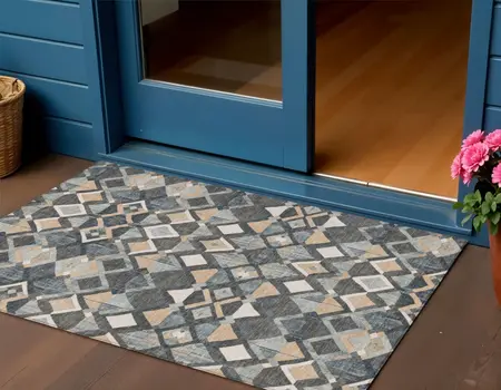 3' X 5' Graphite And Cream Geometric Washable Indoor Outdoor Area Rug
