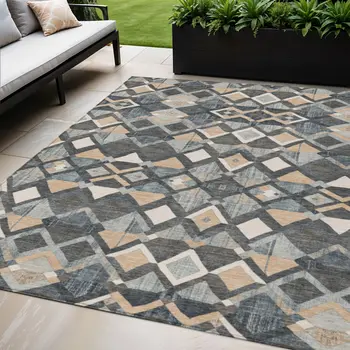 5' X 8' Graphite And Cream Geometric Washable Indoor Outdoor Area Rug