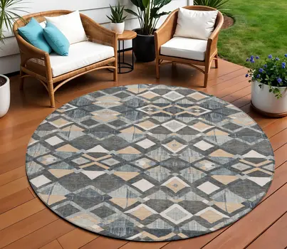 8' Graphite And Cream Round Geometric Washable Indoor Outdoor Area Rug