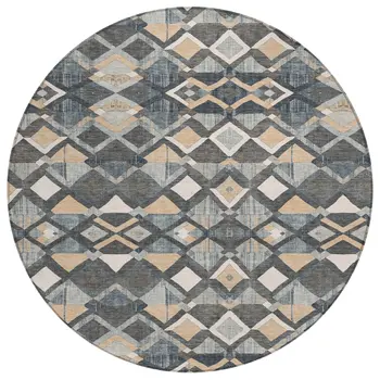 8' Graphite And Cream Round Geometric Washable Indoor Outdoor Area Rug