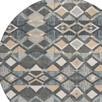8' Graphite And Cream Round Geometric Washable Indoor Outdoor Area Rug
