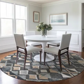 8' Graphite And Cream Round Geometric Washable Indoor Outdoor Area Rug