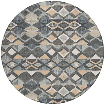 8' Graphite And Cream Round Geometric Washable Indoor Outdoor Area Rug