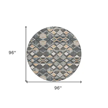 8' Graphite And Cream Round Geometric Washable Indoor Outdoor Area Rug