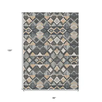 8' X 10' Graphite And Cream Geometric Washable Indoor Outdoor Area Rug