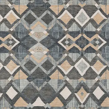 9' X 12' Graphite And Cream Geometric Washable Indoor Outdoor Area Rug