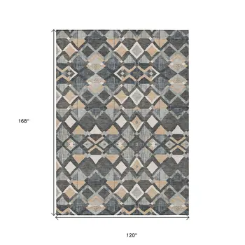 10' X 14' Graphite And Cream Geometric Washable Indoor Outdoor Area Rug