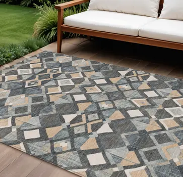 10' X 14' Graphite And Cream Geometric Washable Indoor Outdoor Area Rug