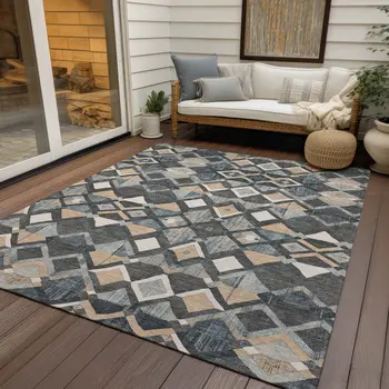 10' X 14' Graphite And Cream Geometric Washable Indoor Outdoor Area Rug