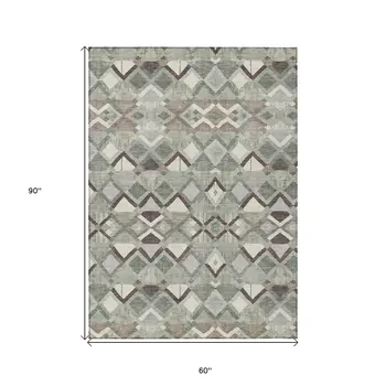 5' X 8' Sage And Off White Geometric Washable Indoor Outdoor Area Rug