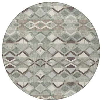 8' Sage And Off White Round Geometric Washable Indoor Outdoor Area Rug