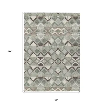 9' X 12' Sage And Off White Geometric Washable Indoor Outdoor Area Rug