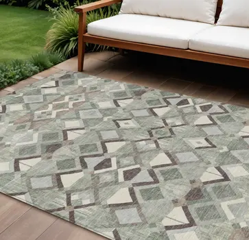9' X 12' Sage And Off White Geometric Washable Indoor Outdoor Area Rug