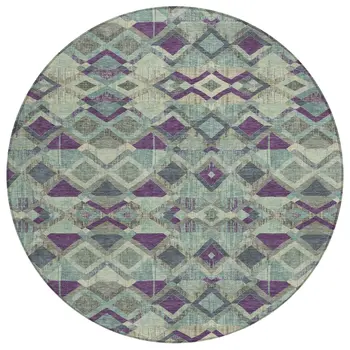 8' Blue And Purple Round Geometric Washable Indoor Outdoor Area Rug