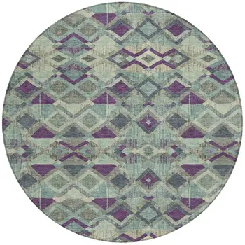 8' Blue And Purple Round Geometric Washable Indoor Outdoor Area Rug