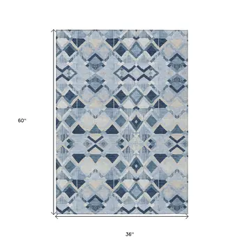 3' X 5' Sky Blue And Slate Blue Geometric Washable Indoor Outdoor Area Rug
