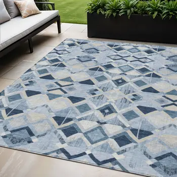 5' X 8' Sky Blue And Slate Blue Geometric Washable Indoor Outdoor Area Rug