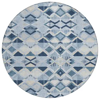 8' Sky Blue And Slate Blue Round Geometric Washable Indoor Outdoor Area Rug