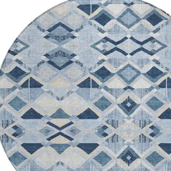 8' Sky Blue And Slate Blue Round Geometric Washable Indoor Outdoor Area Rug