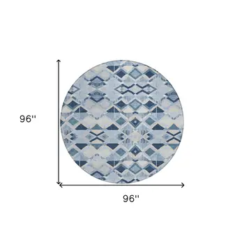 8' Sky Blue And Slate Blue Round Geometric Washable Indoor Outdoor Area Rug
