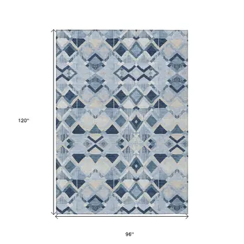 8' X 10' Sky Blue And Slate Blue Geometric Washable Indoor Outdoor Area Rug