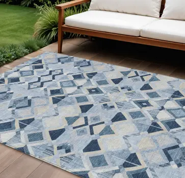 8' X 10' Sky Blue And Slate Blue Geometric Washable Indoor Outdoor Area Rug