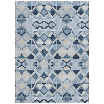 9' X 12' Sky Blue And Slate Blue Geometric Washable Indoor Outdoor Area Rug