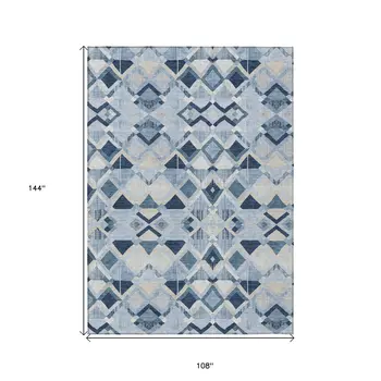 9' X 12' Sky Blue And Slate Blue Geometric Washable Indoor Outdoor Area Rug