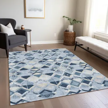 10' X 14' Sky Blue And Slate Blue Geometric Washable Indoor Outdoor Area Rug