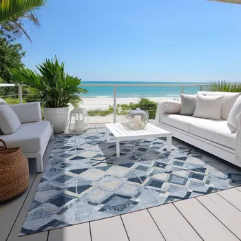 10' X 14' Sky Blue And Slate Blue Geometric Washable Indoor Outdoor Area Rug