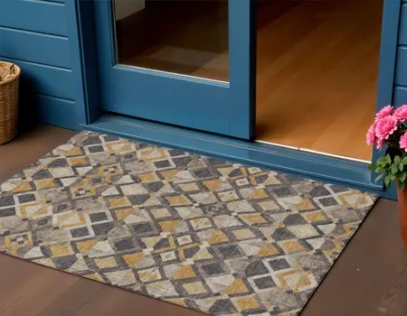 3' X 5' Wheat And Gold Geometric Washable Indoor Outdoor Area Rug