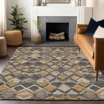 3' X 5' Wheat And Gold Geometric Washable Indoor Outdoor Area Rug