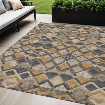 5' X 8' Wheat And Gold Geometric Washable Indoor Outdoor Area Rug