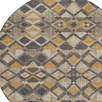 8' Wheat And Gold Round Geometric Washable Indoor Outdoor Area Rug