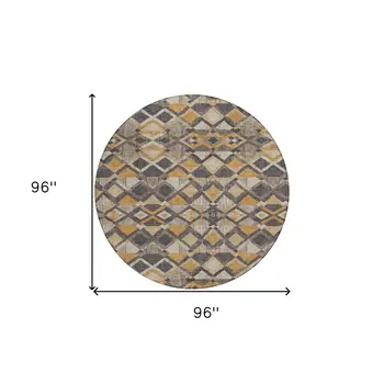 8' Wheat And Gold Round Geometric Washable Indoor Outdoor Area Rug