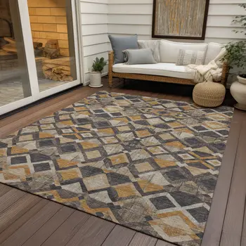 8' X 10' Wheat And Gold Geometric Washable Indoor Outdoor Area Rug