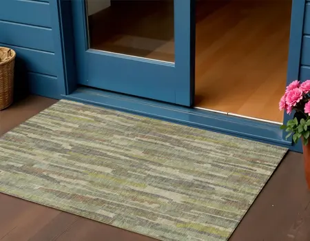 3' X 5' Artichoke Green And Ivory Striped Washable Indoor Outdoor Area Rug