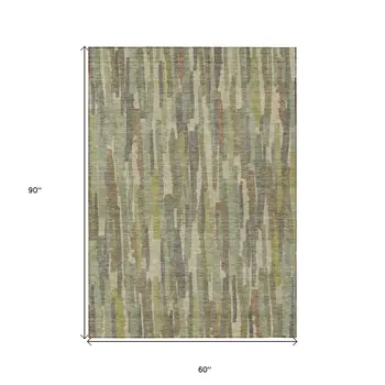 5' X 8' Artichoke Green And Ivory Striped Washable Indoor Outdoor Area Rug